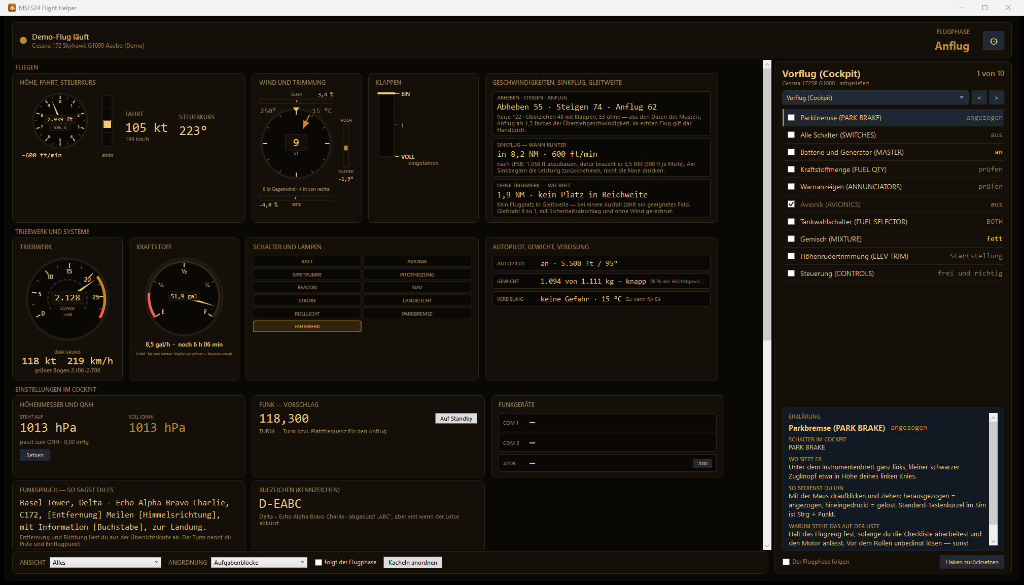 Der MSFS24 Flight Helper mit Live-Flugdaten, Karten und mitlaufender Checkliste
