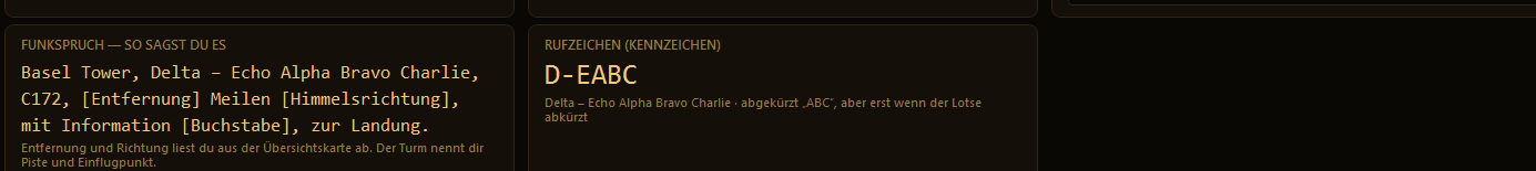 Cockpit-Werte und Rufzeichen