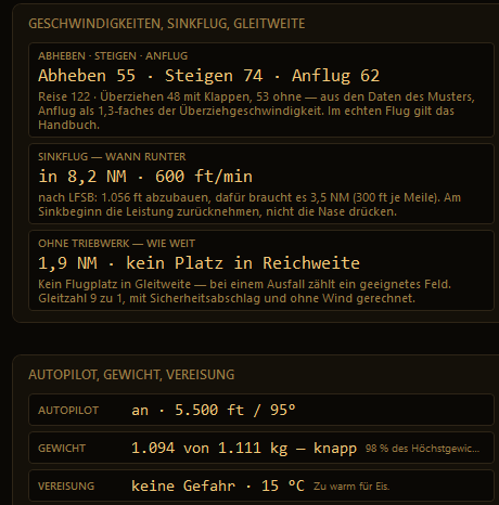 Eine Kachel mit Geschwindigkeiten, Sinkflug und Gleitweite, darunter Autopilot, Gewicht und Vereisung