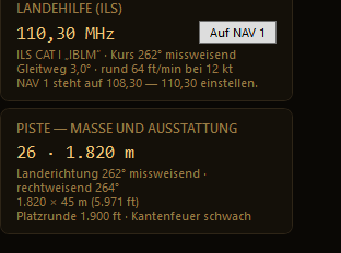 Landeanflug-Karte mit der ILS-Frequenz, dem Anflugkurs und den Maßen der Piste daneben
