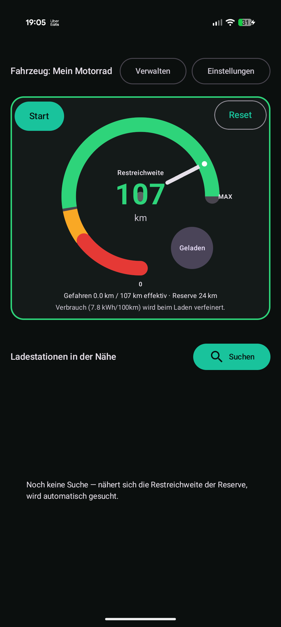 Startbildschirm mit Restreichweite
