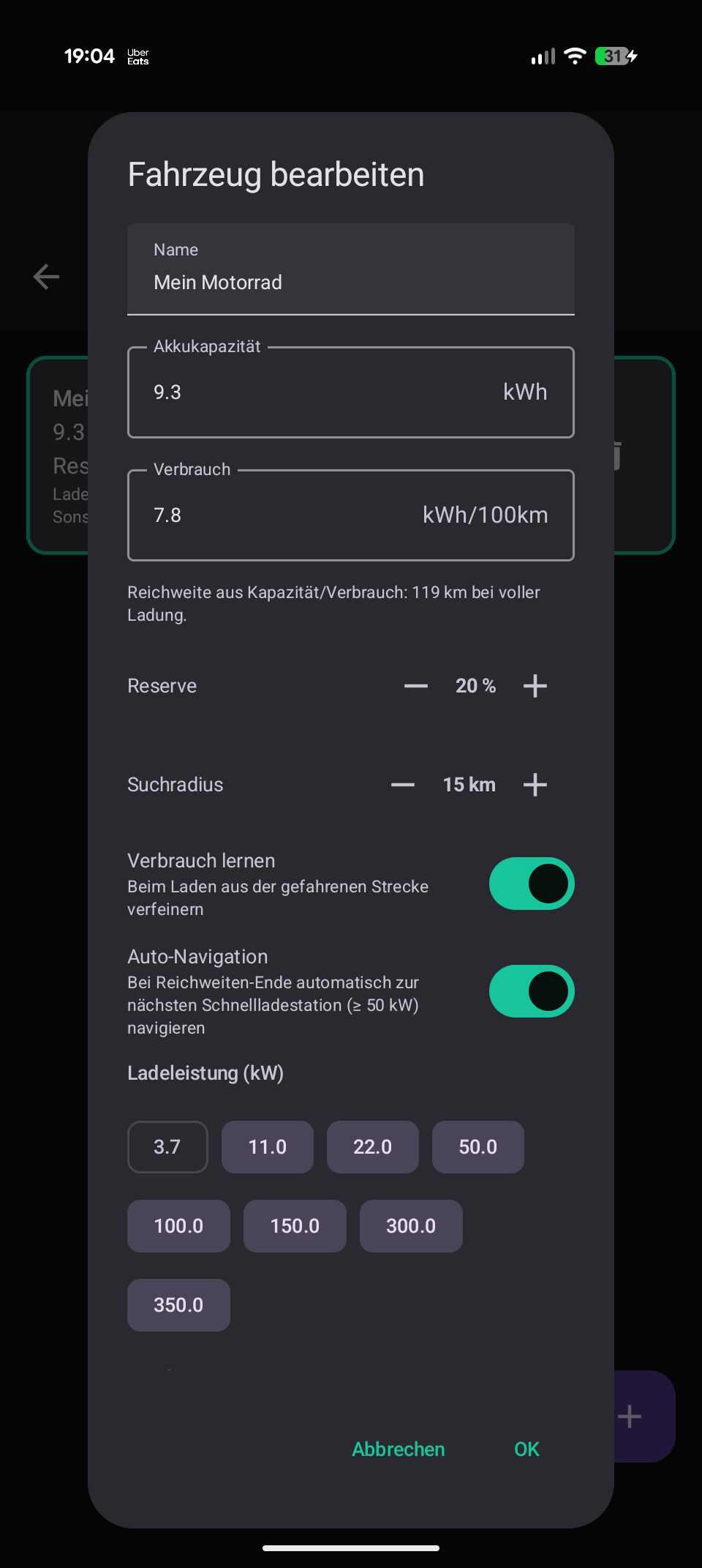 Fahrzeug: Akkukapazität, Verbrauch und Reserve
