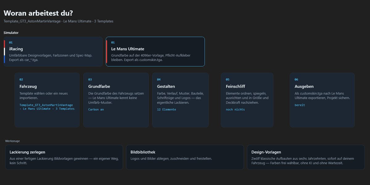 Startseite mit Simulator-Wahl und den Schritten Fahrzeug bis Ausgeben