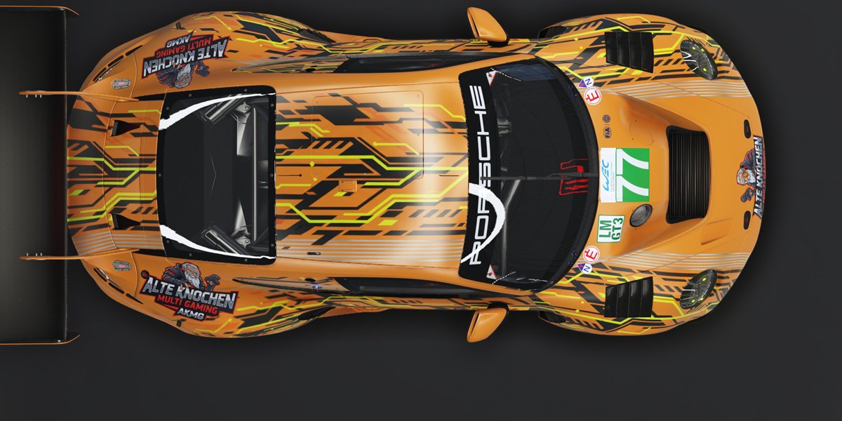 Porsche 911 GT3 R von oben, orange mit schwarz-gelben Leiterbahnen