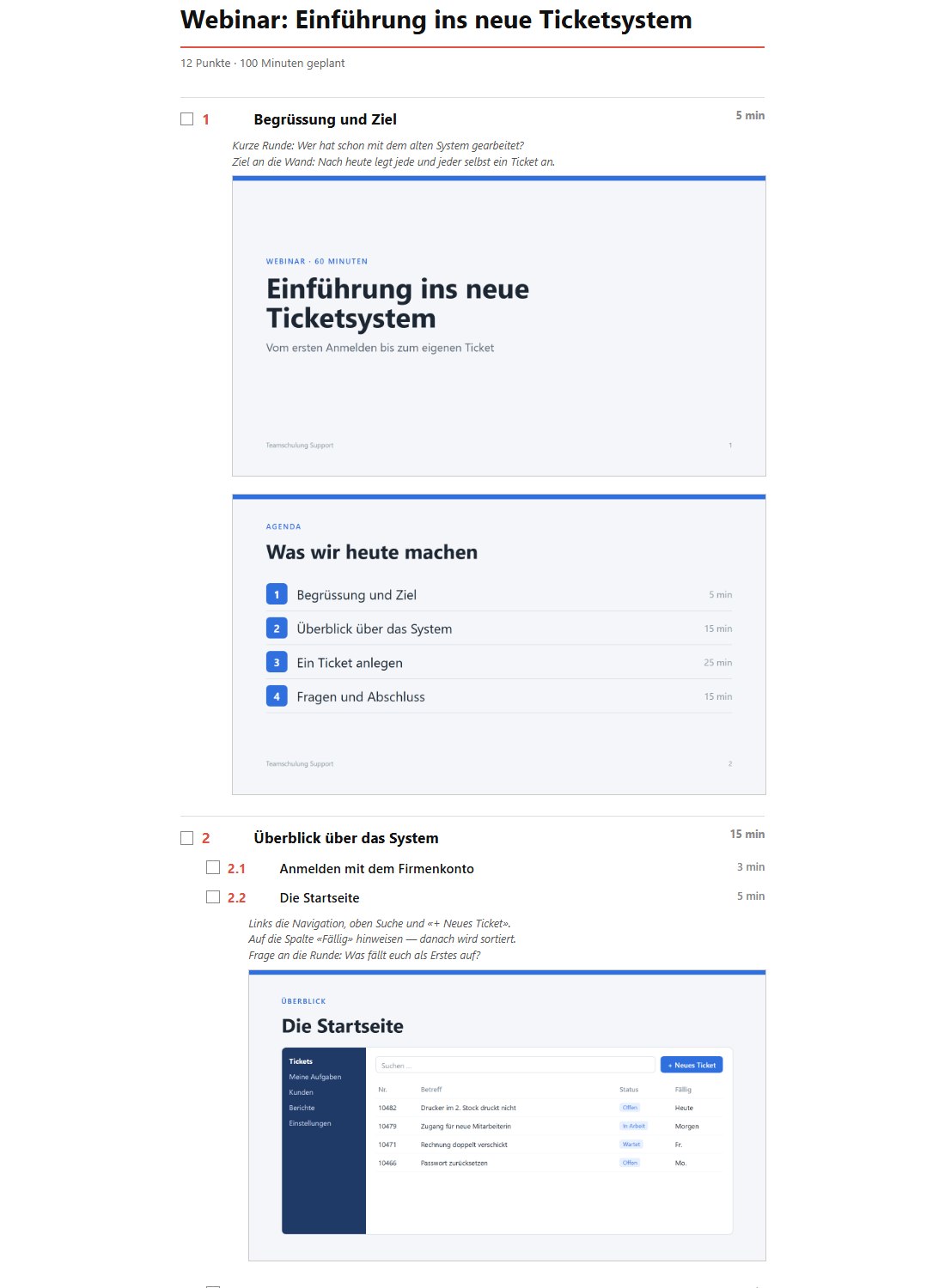 Das Handout mit Kästchen, Minuten und den Bildern unter ihren Punkten