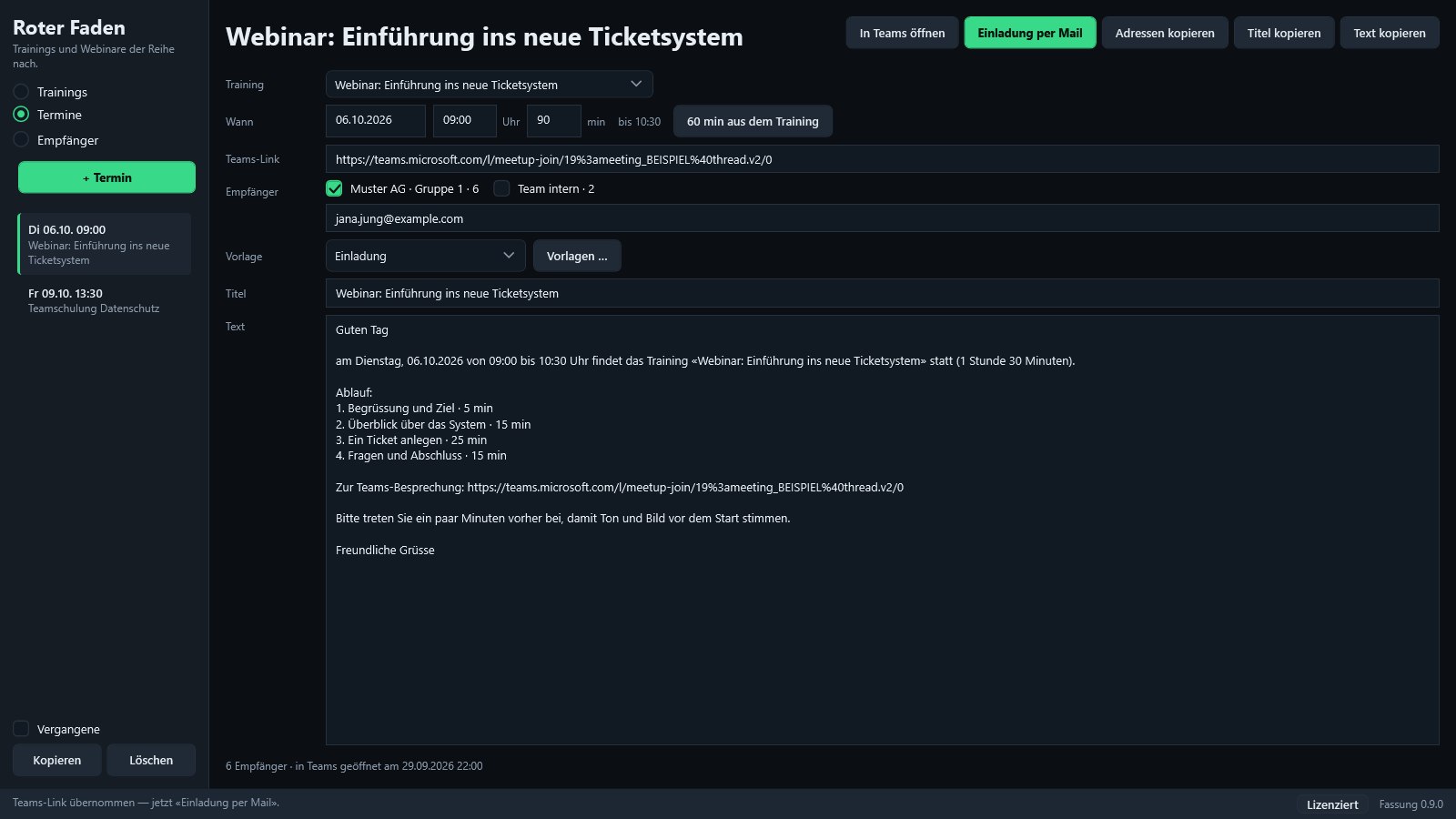 Ein Termin: Training, Datum, Uhrzeit, Teams-Link, Empfängerlisten zum Anhaken, Titel und Einladungstext mit Ablauf — oben «In Teams öffnen» und «Einladung per Mail»