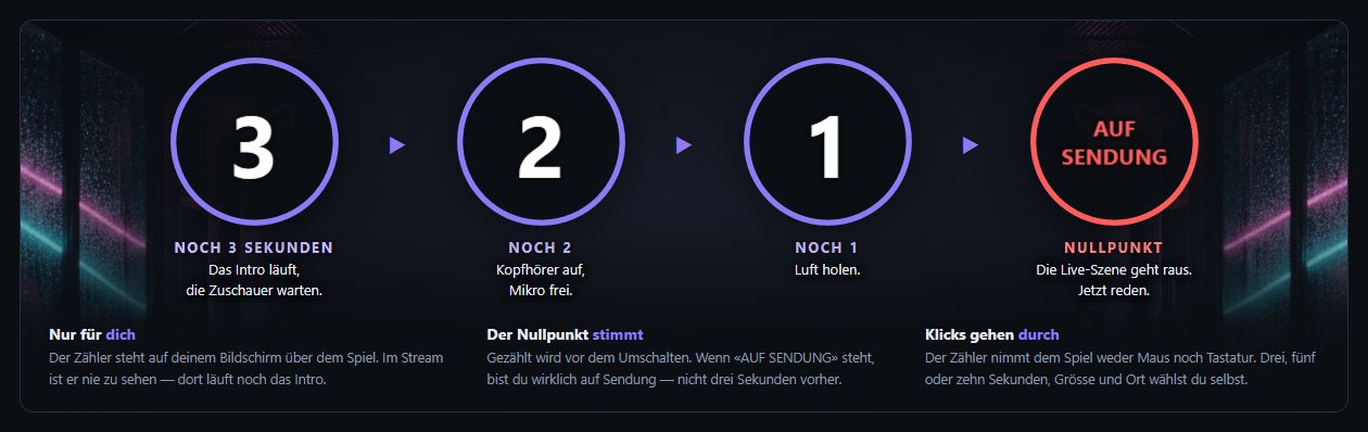 Der Einzähler über dem Spiel: 3, 2, 1 in der Akzentfarbe, dann rot «AUF SENDUNG», wenn die Live-Szene rausgeht