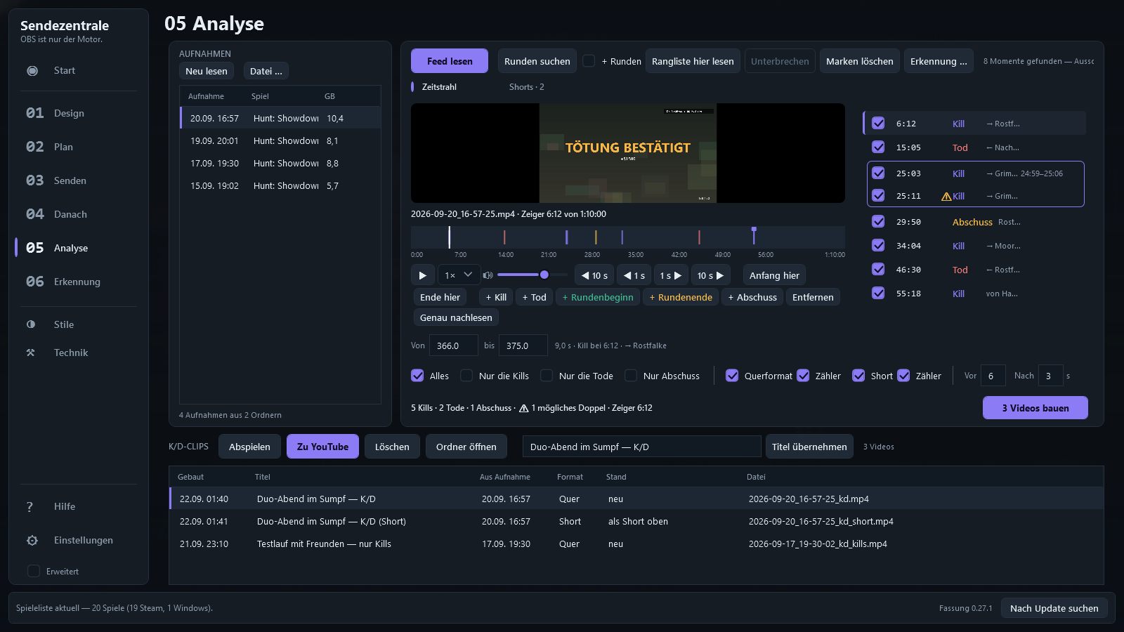 Die Seite Analyse mit Aufnahmen, Player, Zeitstrahl und den fertigen K/D-Clips