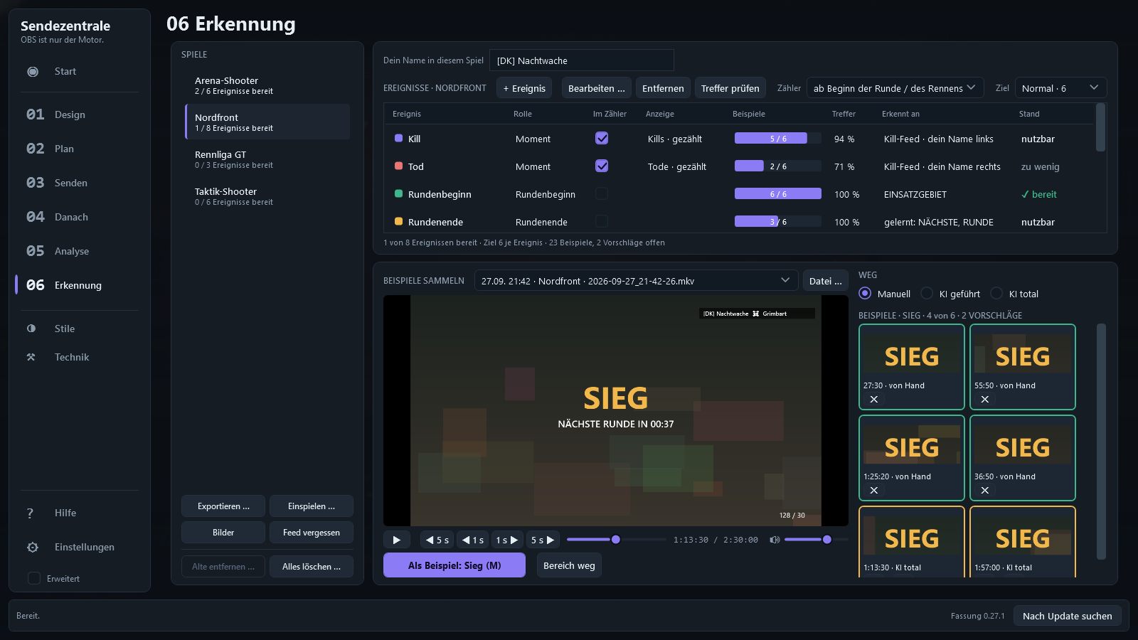 Die Seite Erkennung mit Spielen, Ereignissen, Beispielen und Trefferquote