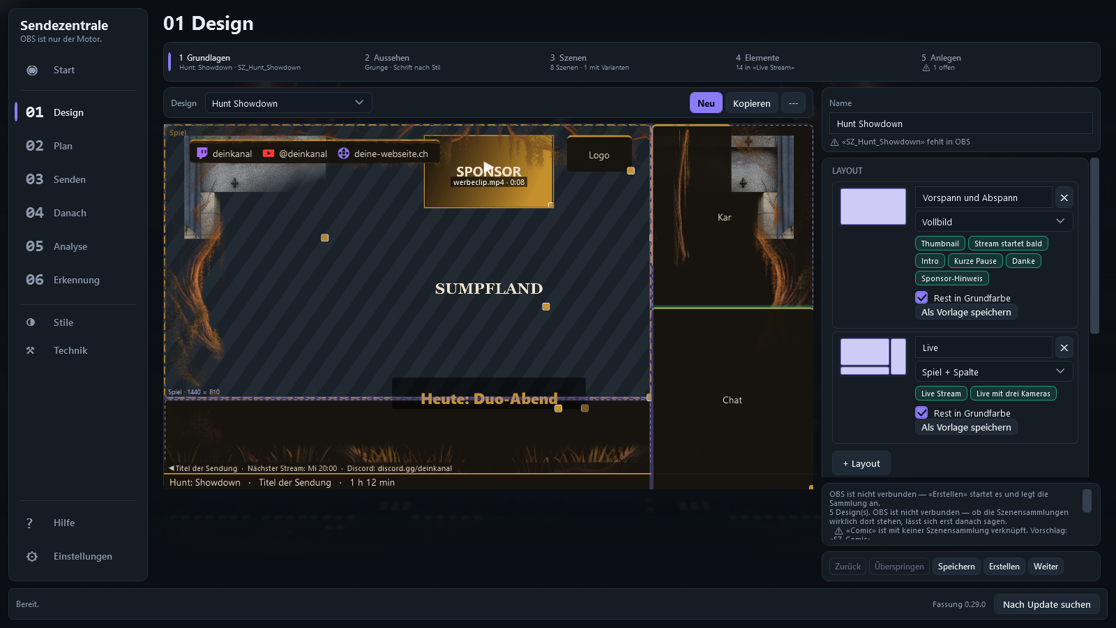 «1 Grundlagen» mit zwei Layouts: Vorspann und Abspann im Vollbild, Live mit Spalte — darunter die Szenen jedes Layouts