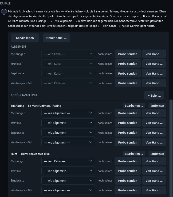 Die Kanäle im Dialog «Discord verbinden»: allgemeine Kanäle und darunter eigene Kanäle für SimRacing und Hunt