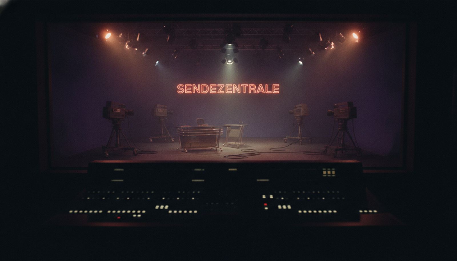 Blick aus der Regie in ein Fernsehstudio bei Nacht: Kameras, Lichtrig und das Sendeschild an der Wand