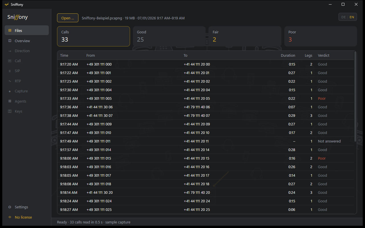 The Files page: an opened capture, at the top the number of calls with good, fair and poor, below the call list with time, numbers, duration, legs and verdict